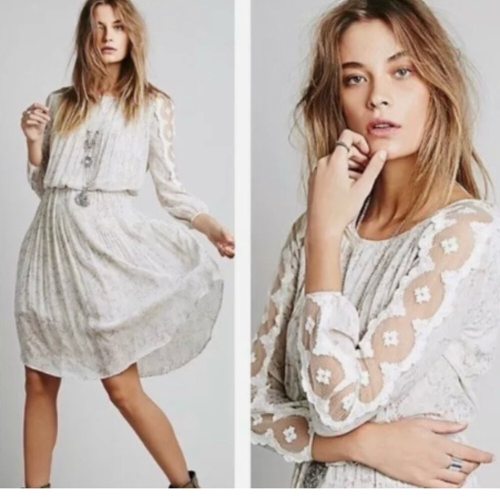 Free People Floral Charlotte Lace Sleeve Midi Dress size SMALL Alabaster Combo